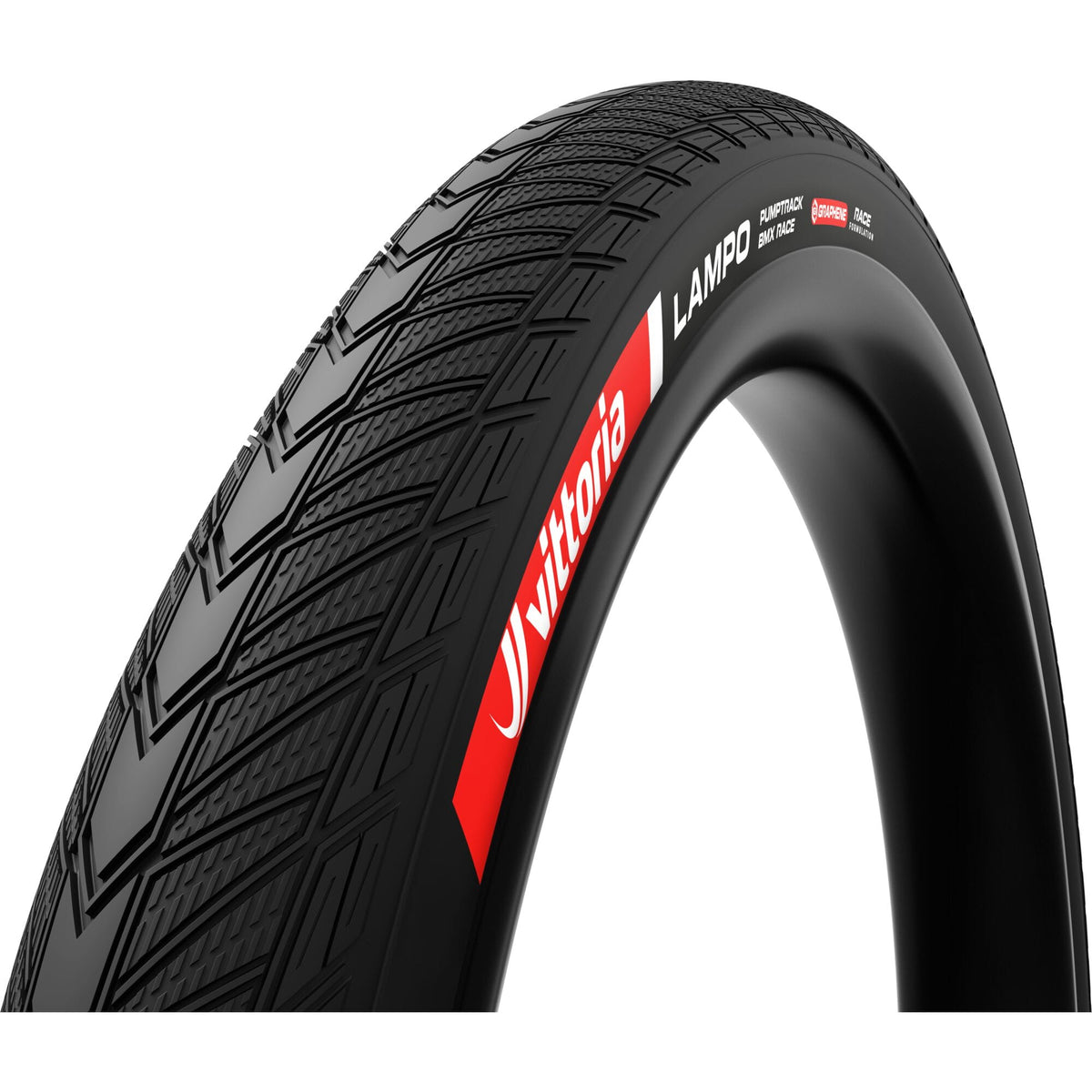 Vittoria Lampo Folding BMX tyre with Graphene + Silica Race Technology, showing the tread pattern and sidewall details.