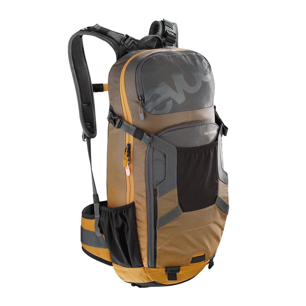 EVOC FR Enduro Protector Backpack in Carbon Grey and Loam, featuring impact protection gear for mountain biking.