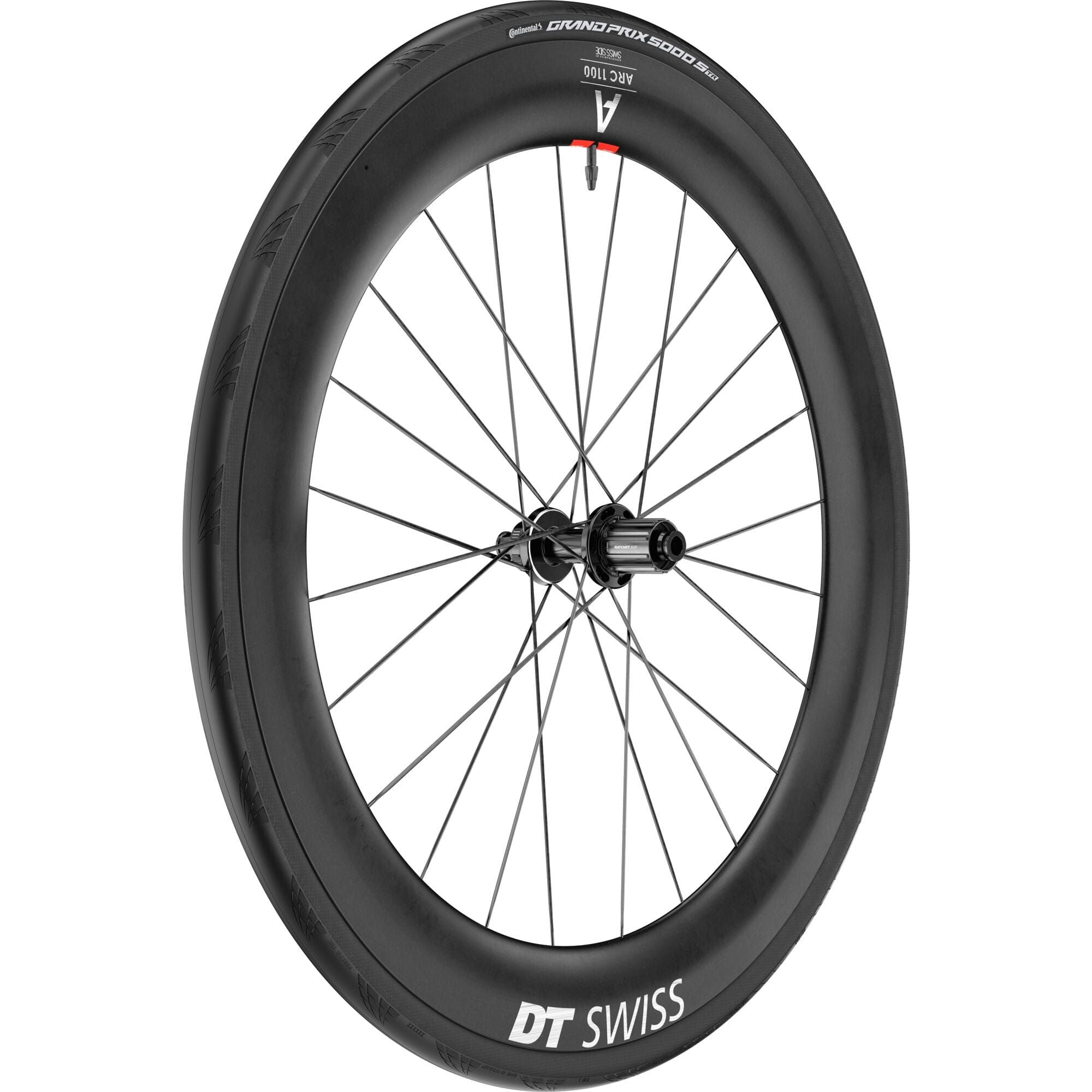 DT Swiss ARC 1100 DICUT carbon clincher rear wheel with 65x22mm rim and disc brake, showcasing sleek aerodynamic design.