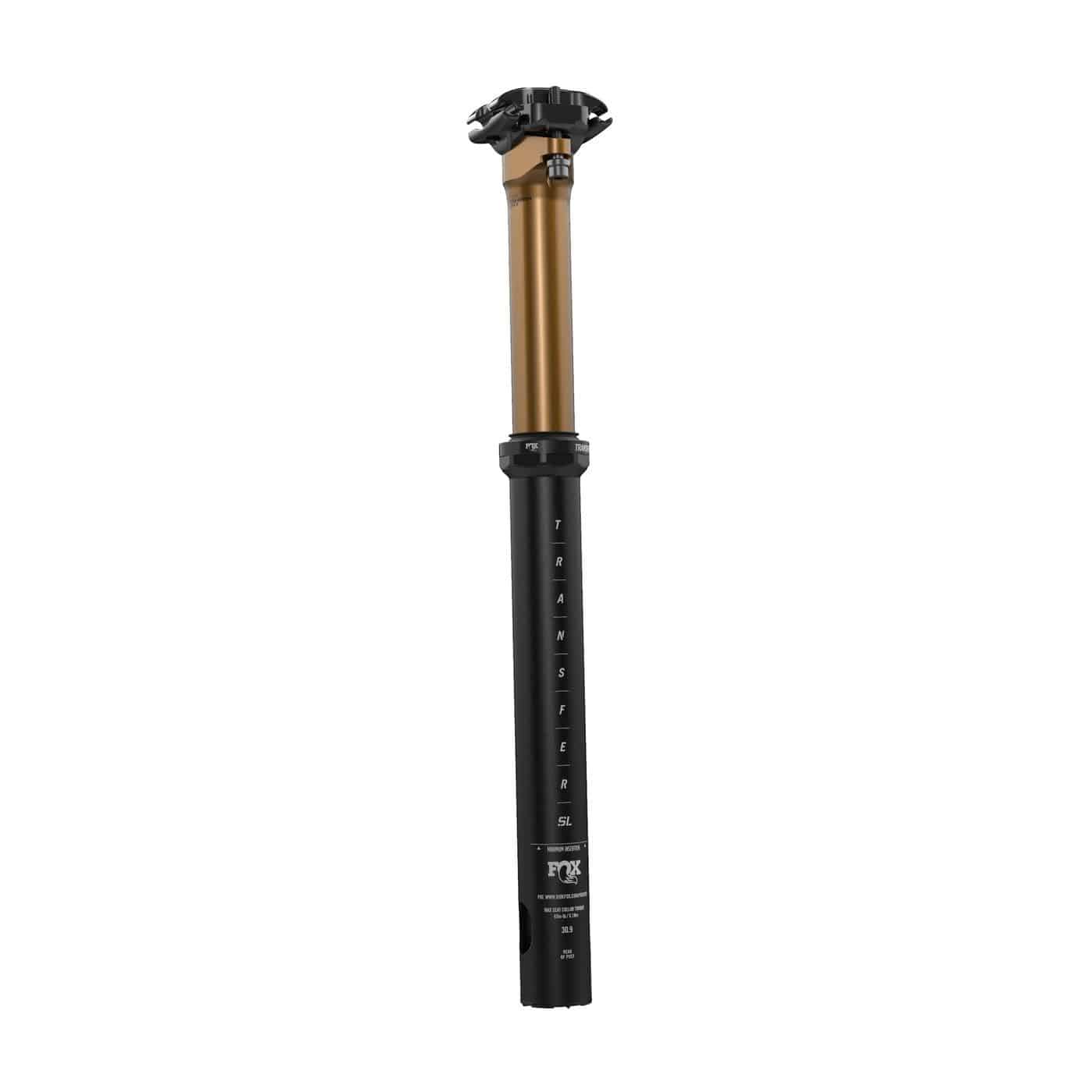 Fox Transfer SL Factory dropper seatpost for gravel and XC racing bikes, showcasing the sleek, black component with brand logo.