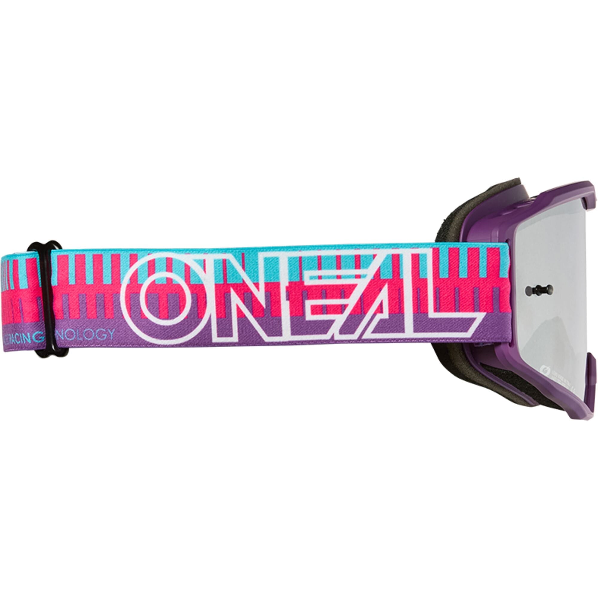 Oneal B-10 striped MX MTB goggles with anti-fog coating, UV protection, and adjustable strap for motocross and mountain biking.