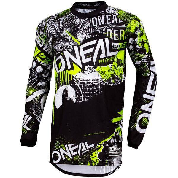 Youth MTB jersey by Oneal featuring breathable fabric and built-in elbow protection for active mountain biking.