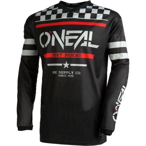 Youth MTB jersey by Oneal with elbow protection, breathable fabric, and vibrant squadron V.22 design for active mountain biking.