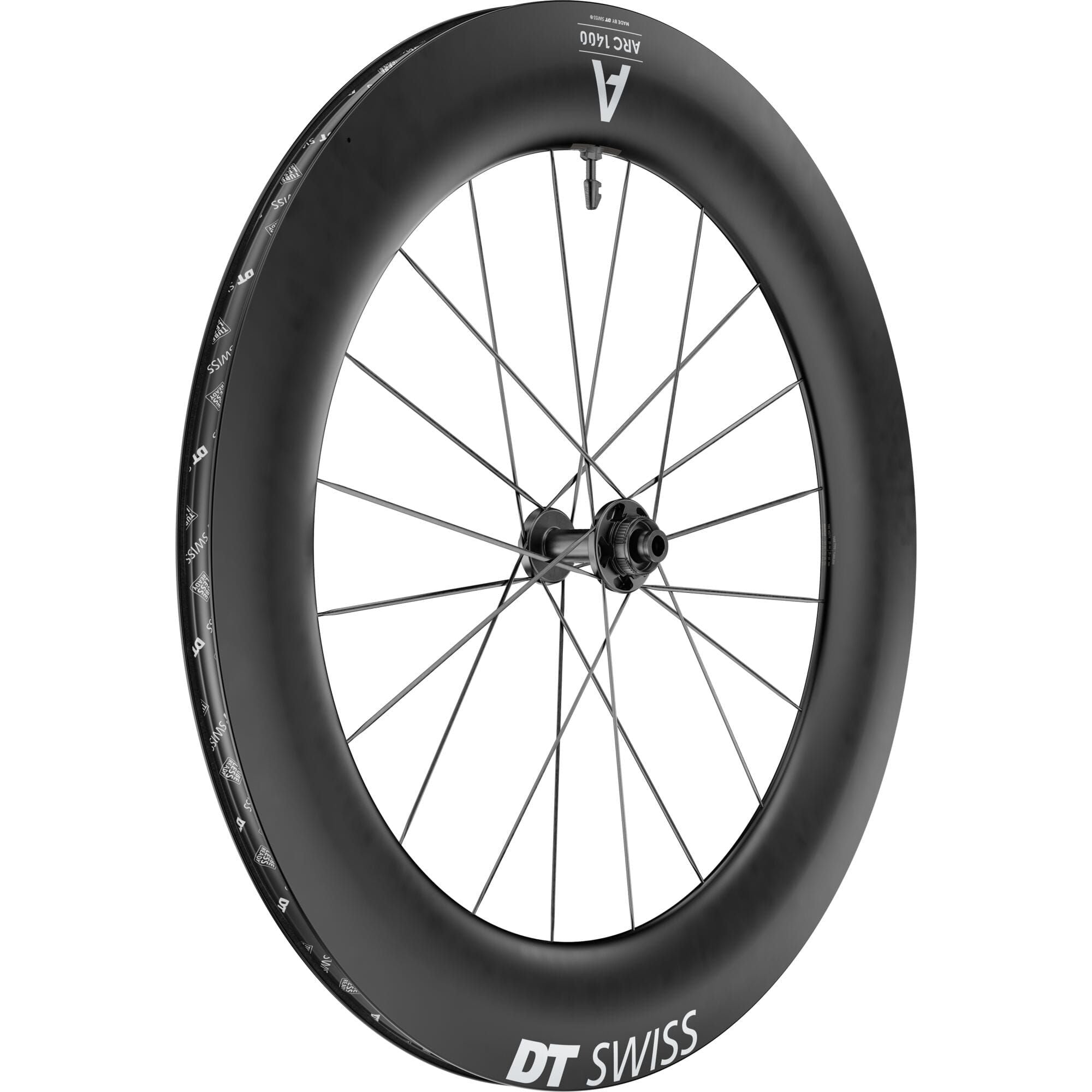 DT Swiss ARC 1400 DICUT front carbon clincher disc brake wheel with 85x22mm rim, showing the sleek black carbon rim and disc brake interface.