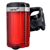 Infini Tron Super Bright Micro USB Rear Bike Light with QR bracket and red lens, mounted on bike for visibility.