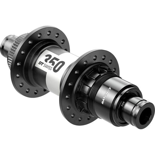 Black DT Swiss 350 Classic rear disc hub with Centre-Lock, 142x12mm, SRAM XDR 24H, for mountain bike wheel components.