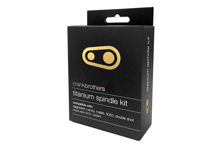 Crankbrothers Titanium Spindle Kit with Refresh Kit for bicycle pedals, featuring silver and black components for upgrade.