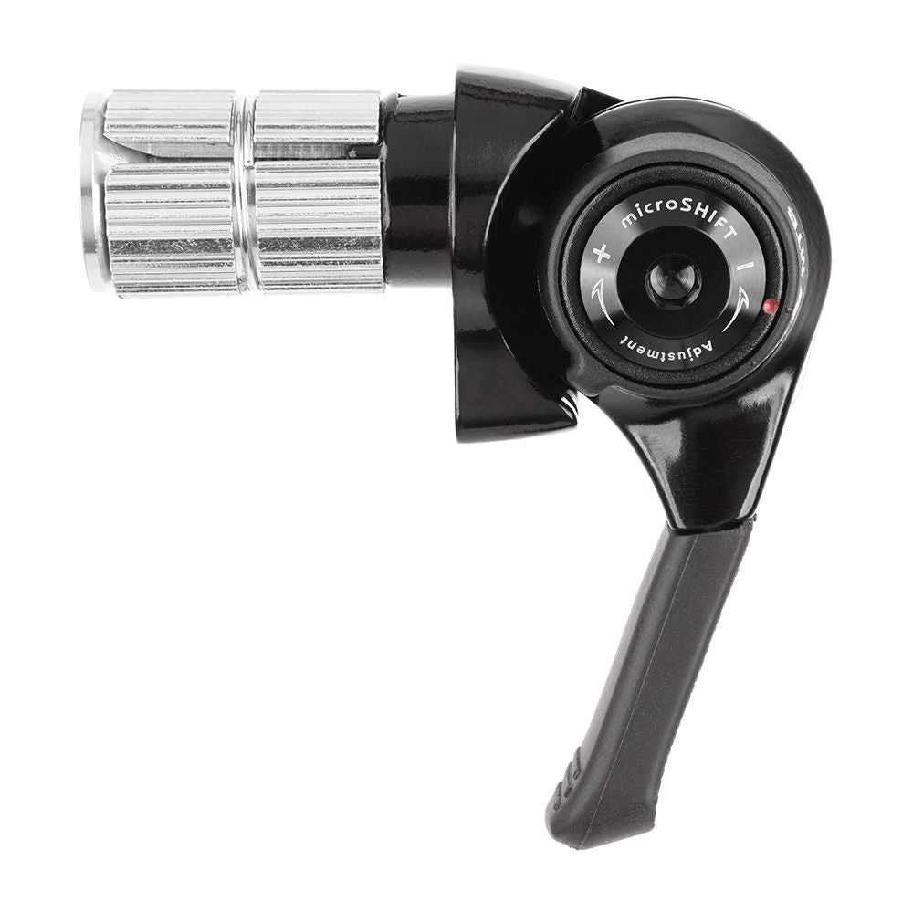 MicroSHIFT MTB drop bar bike shifters with adjustable indexed and friction modes, mounted on handlebars for easy gear changes.