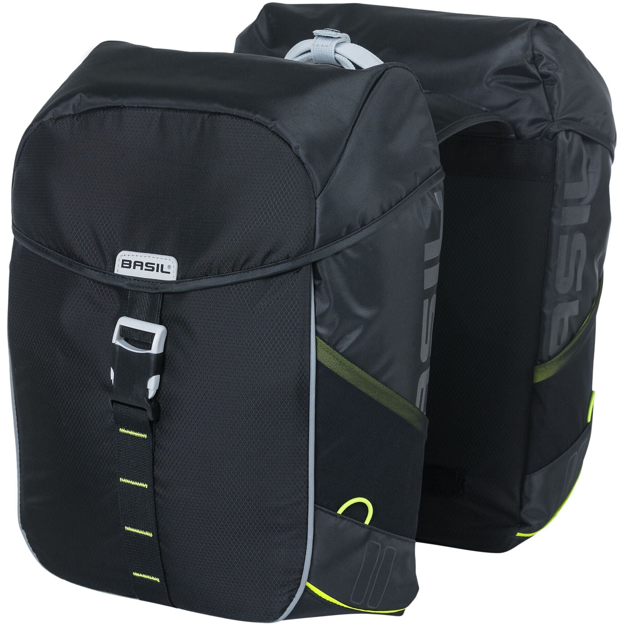 Basil Miles 34L black waterproof bicycle double pannier bag with reflective trim for cycling accessories.