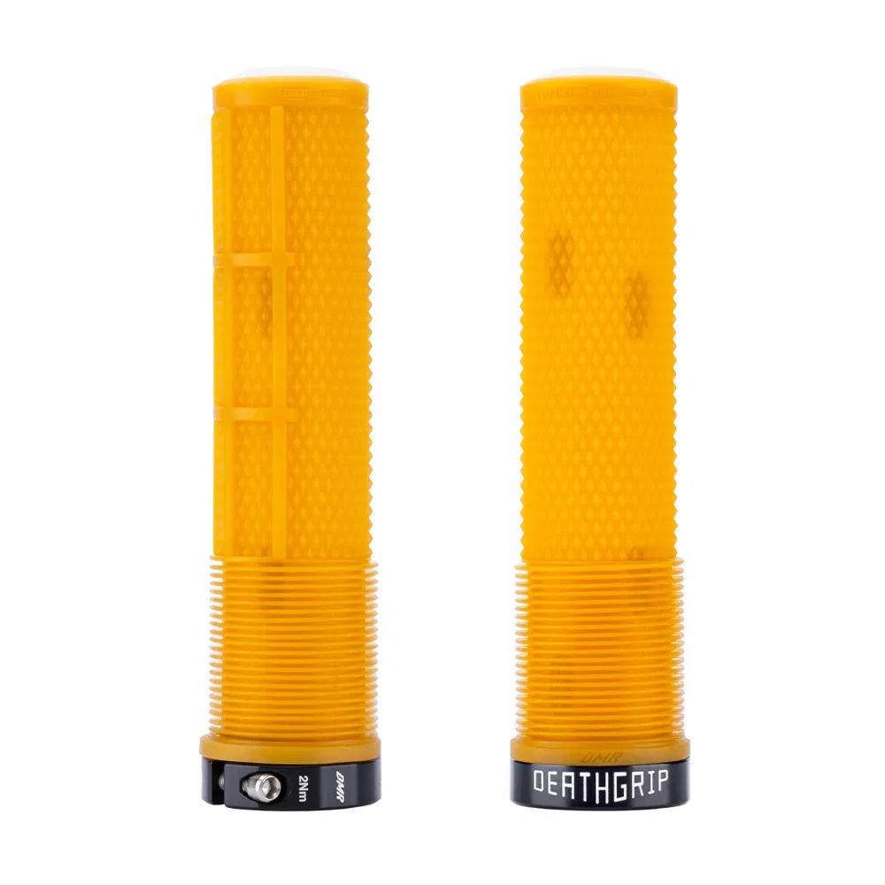 DMR Bikes Deathgrip 2 flangeless mountain bike handlebar grips on black grips with textured surface for mountain biking.