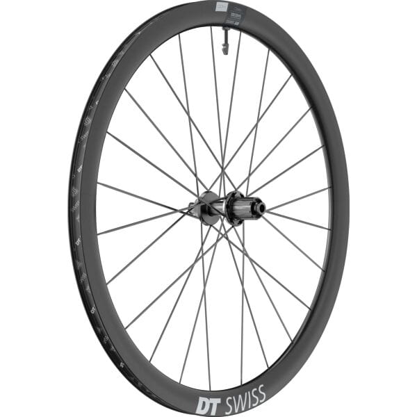 DT Swiss ARC 1400 DICUT rear disc brake wheel with carbon clincher rim, 38x20mm, showcasing sleek aerodynamic design.
