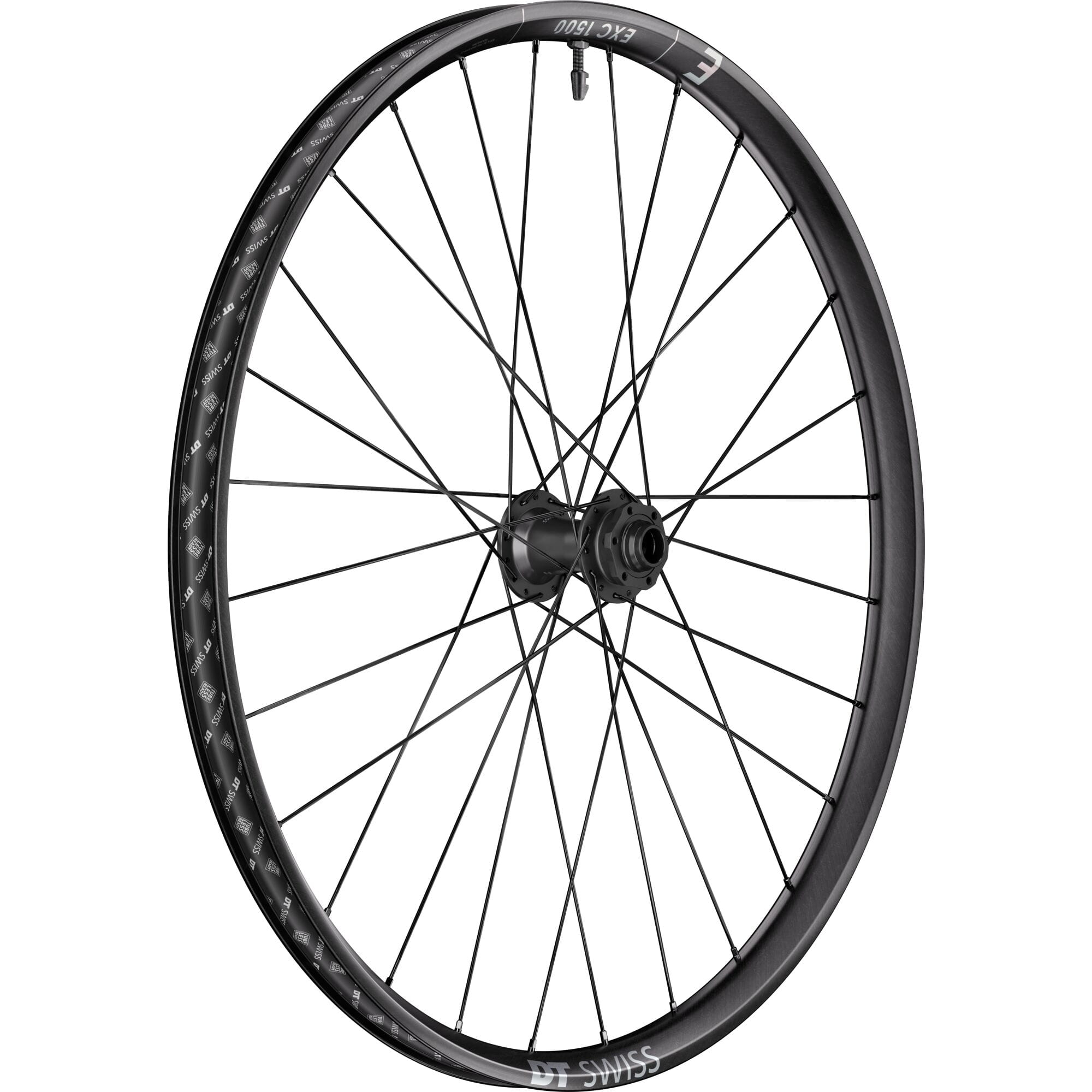 DT Swiss EXC 1500 29-inch front wheel with 30mm carbon rim and 20mm BOOST axle for mountain biking components.