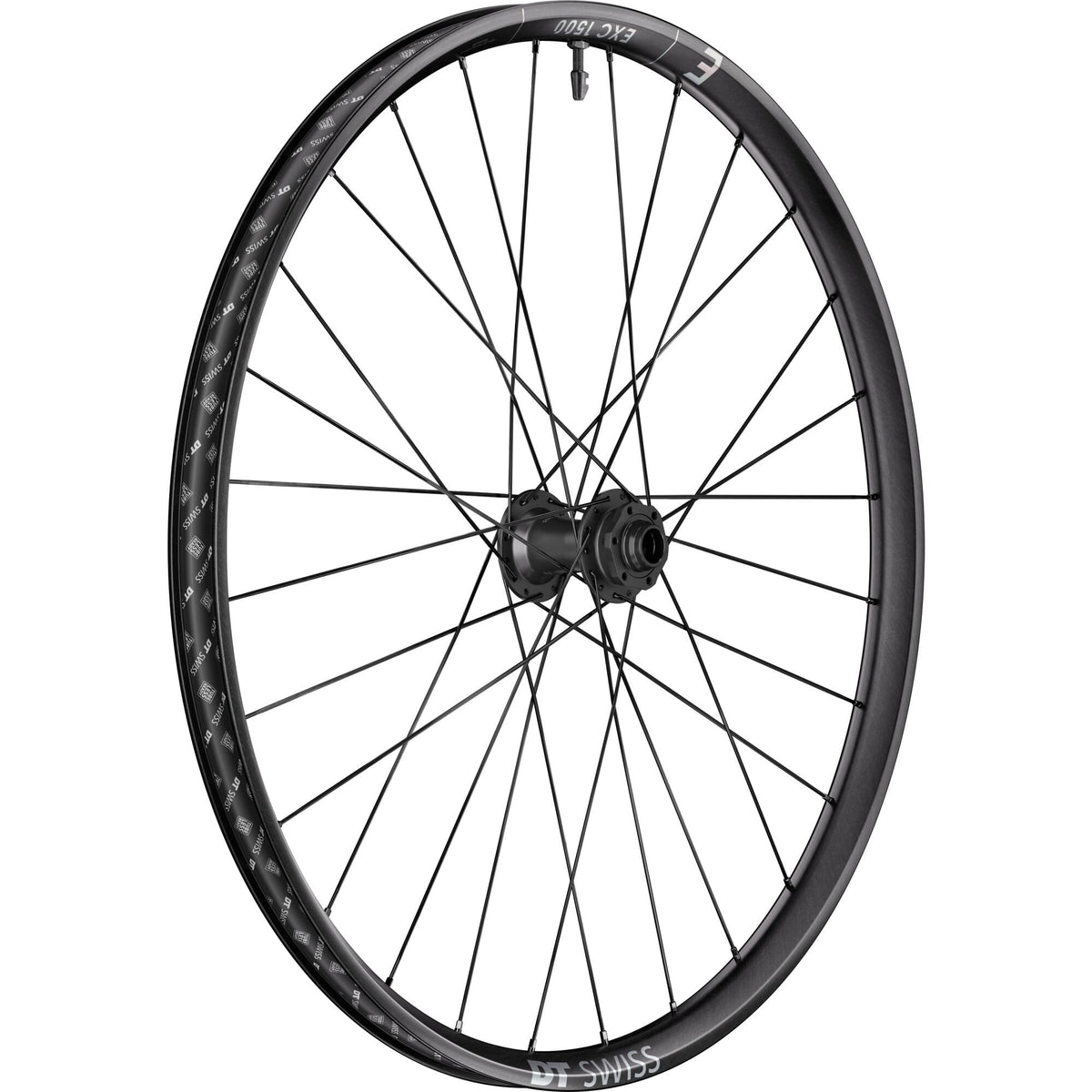 DT Swiss EXC 1500 29-inch front wheel with 30mm carbon rim and 20mm BOOST axle for mountain biking components.