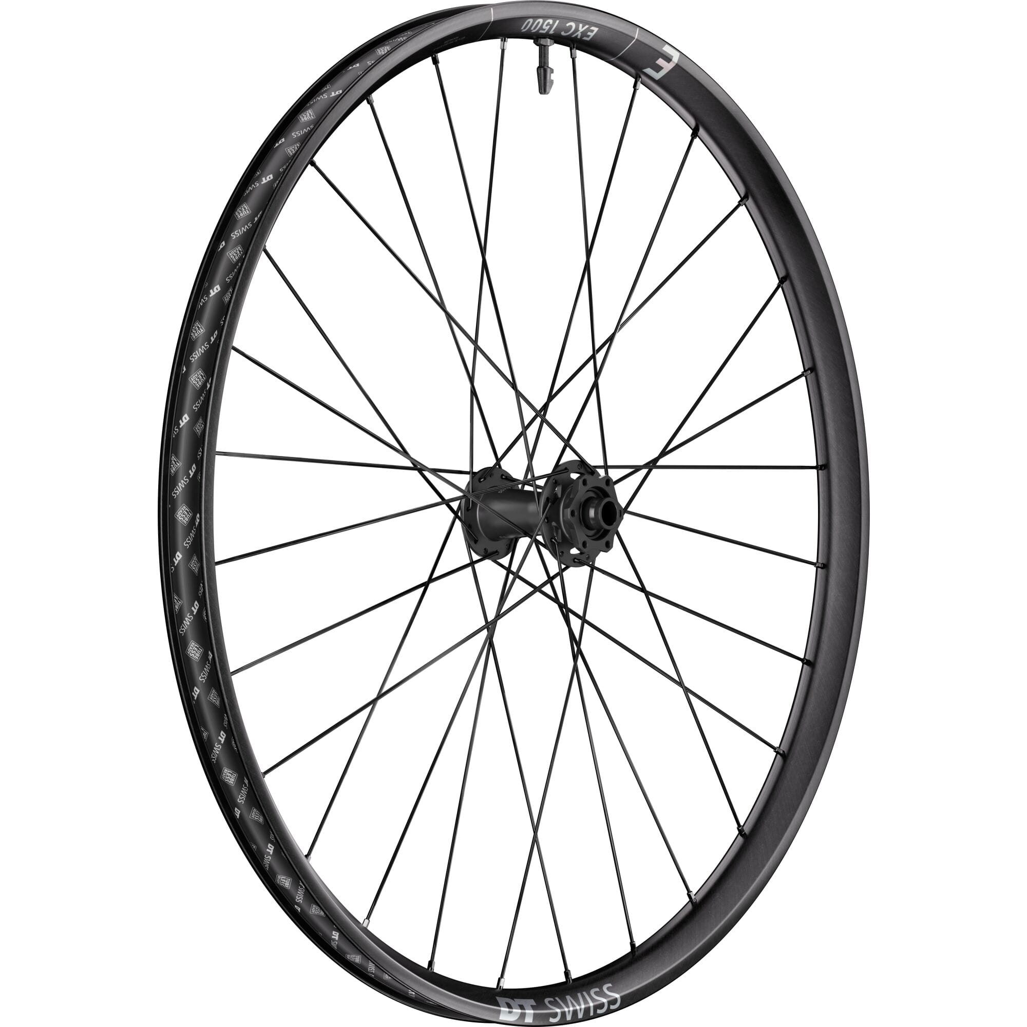 DT Swiss EXC 1500 29-inch front wheel with 30mm carbon rim and 15mm BOOST axle for enduro mountain biking.