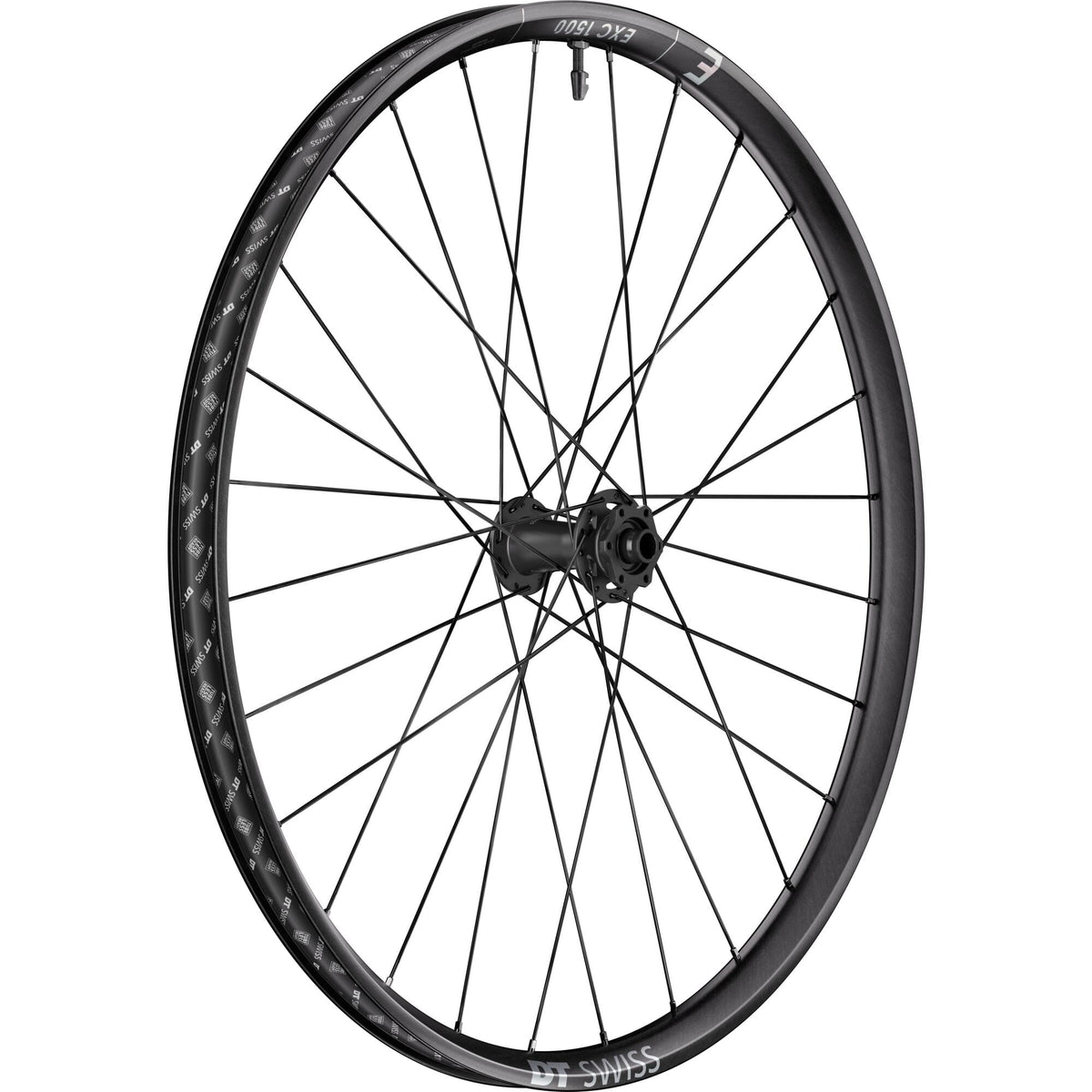DT Swiss EXC 1500 29-inch front wheel with 30mm carbon rim and 15mm BOOST axle for enduro mountain biking.