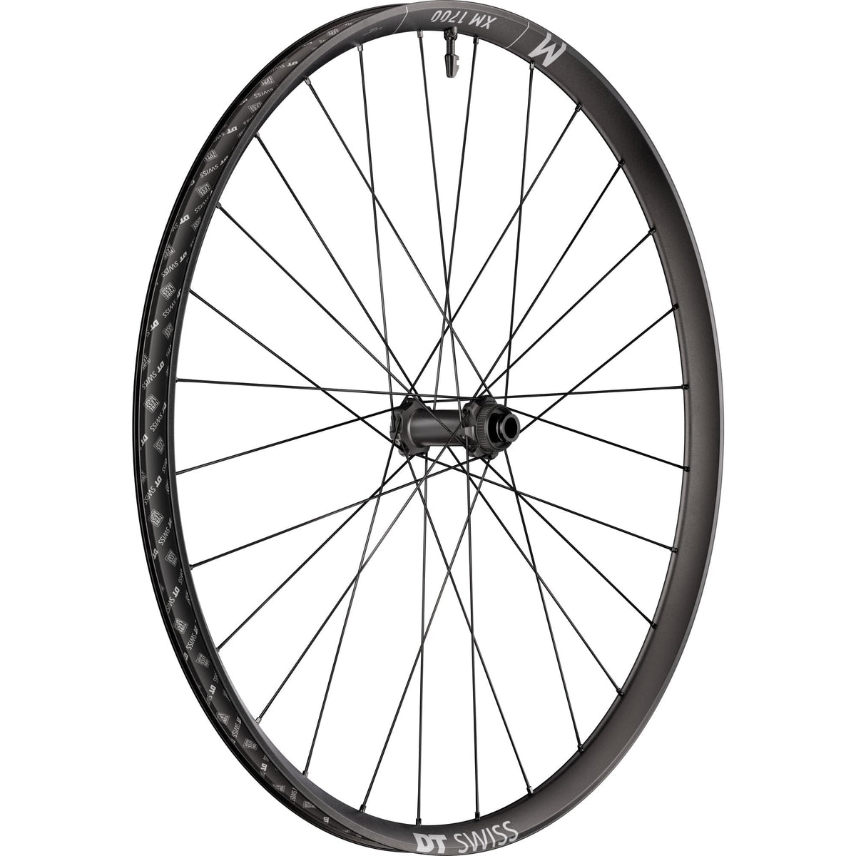 DT Swiss XM 1700 29-inch front mountain bike wheel with 30mm rim and 15x110mm BOOST axle, showing the wheel's tread and rim details.