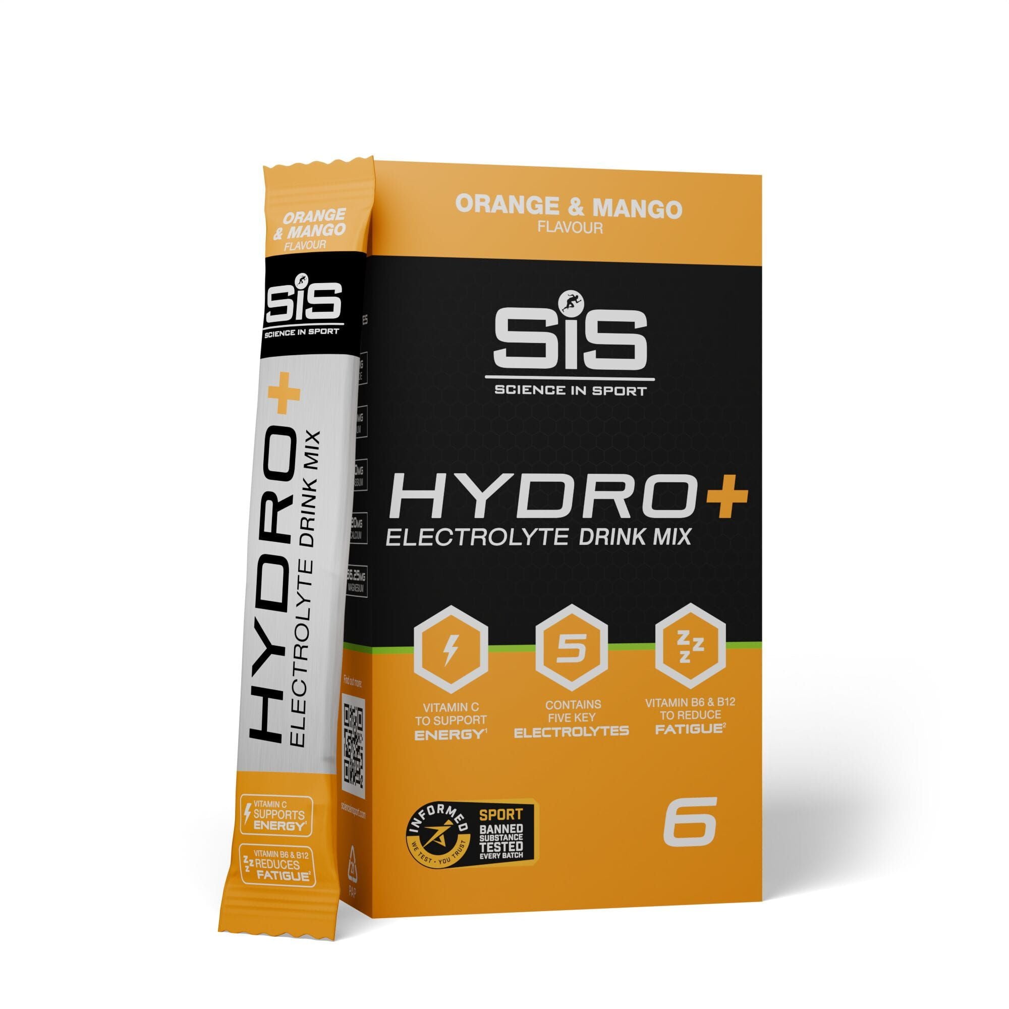 Science In Sport Hydro+ electrolyte drink mix stick powder in orange mango flavor, designed as a convenient accessory for hydration.