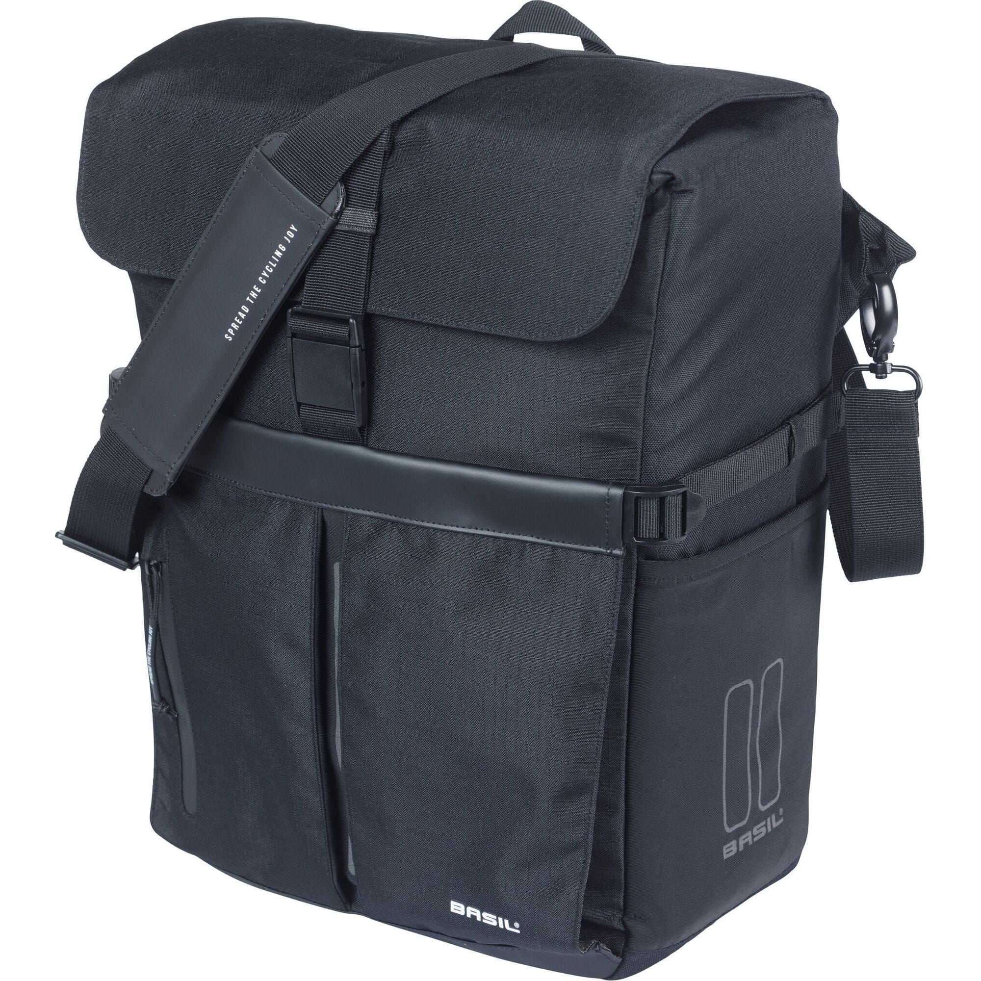 Basil Move Commuter Bicycle Bag in black with MIK studs, 15L capacity, laptop compartment, and rain cover, shown on a bicycle.