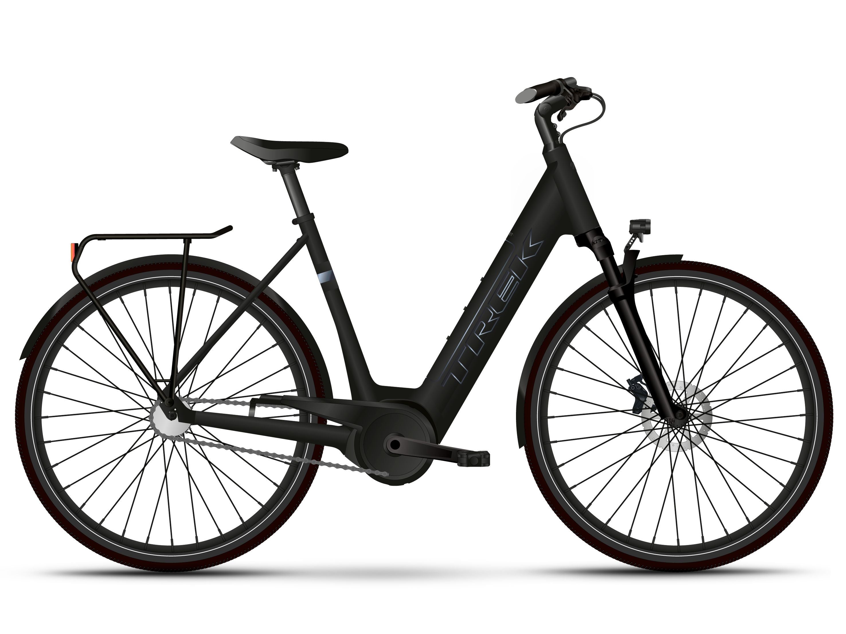Trek District+ 4 Guard Lowstep electric hybrid bike for urban commuting, featuring a step-through frame and electric motor assistance.