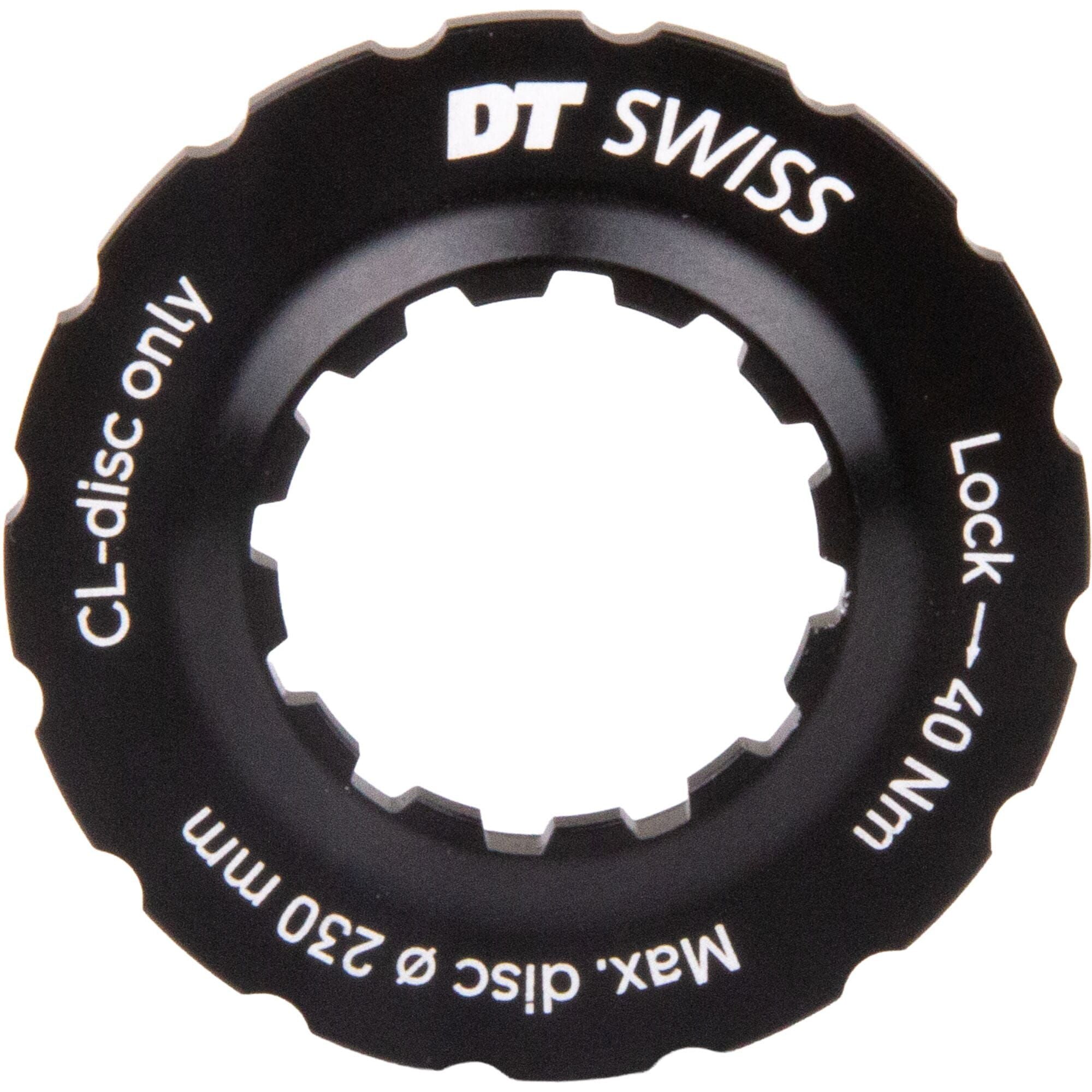 DT Swiss Dual-Spline Universal Centre-Lock lockring for bike hubs, made of durable metal, with precise threading and branding.