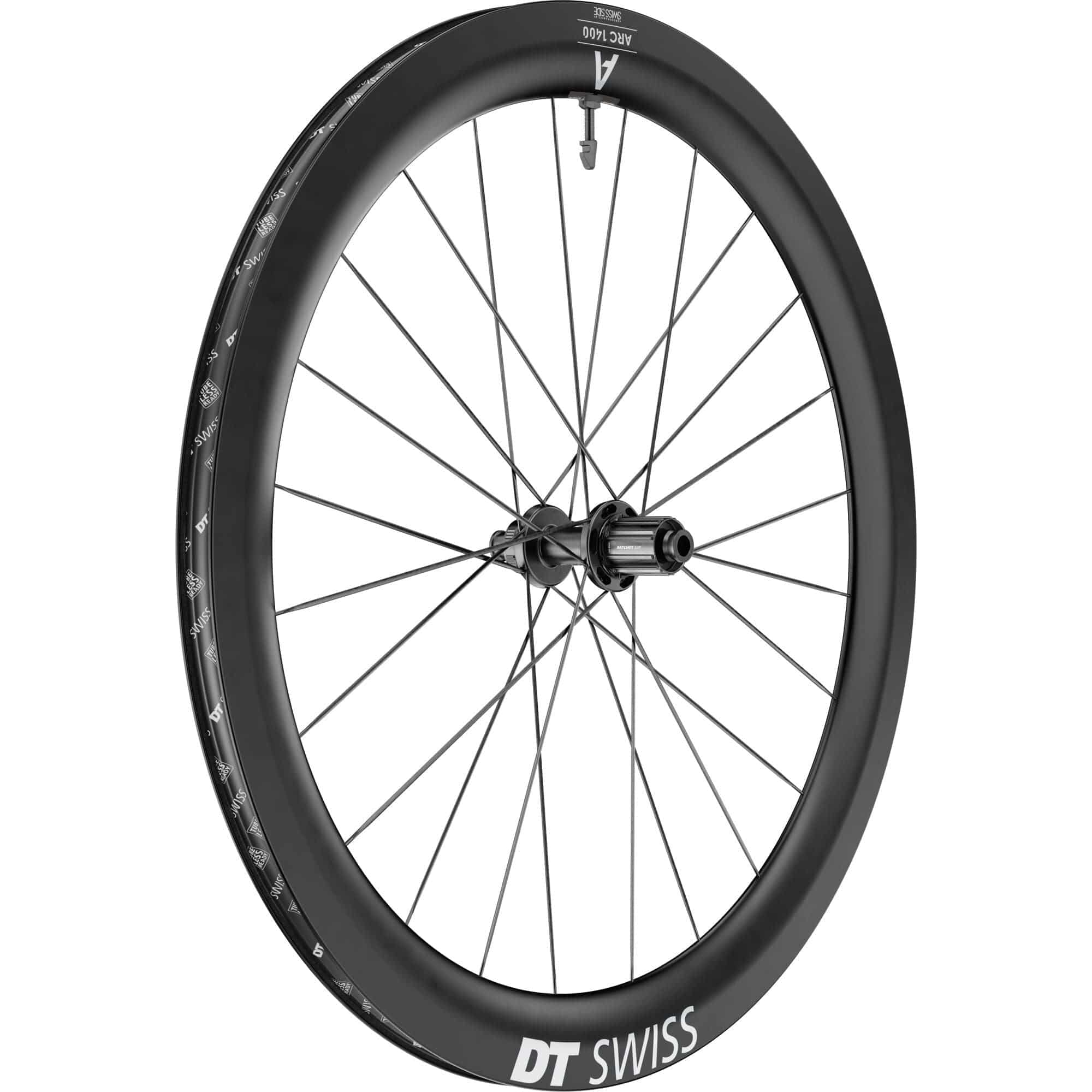 DT Swiss ARC 1400 DICUT rear disc brake wheel with 700c carbon clincher rim, 55x22mm width, for road cycling.