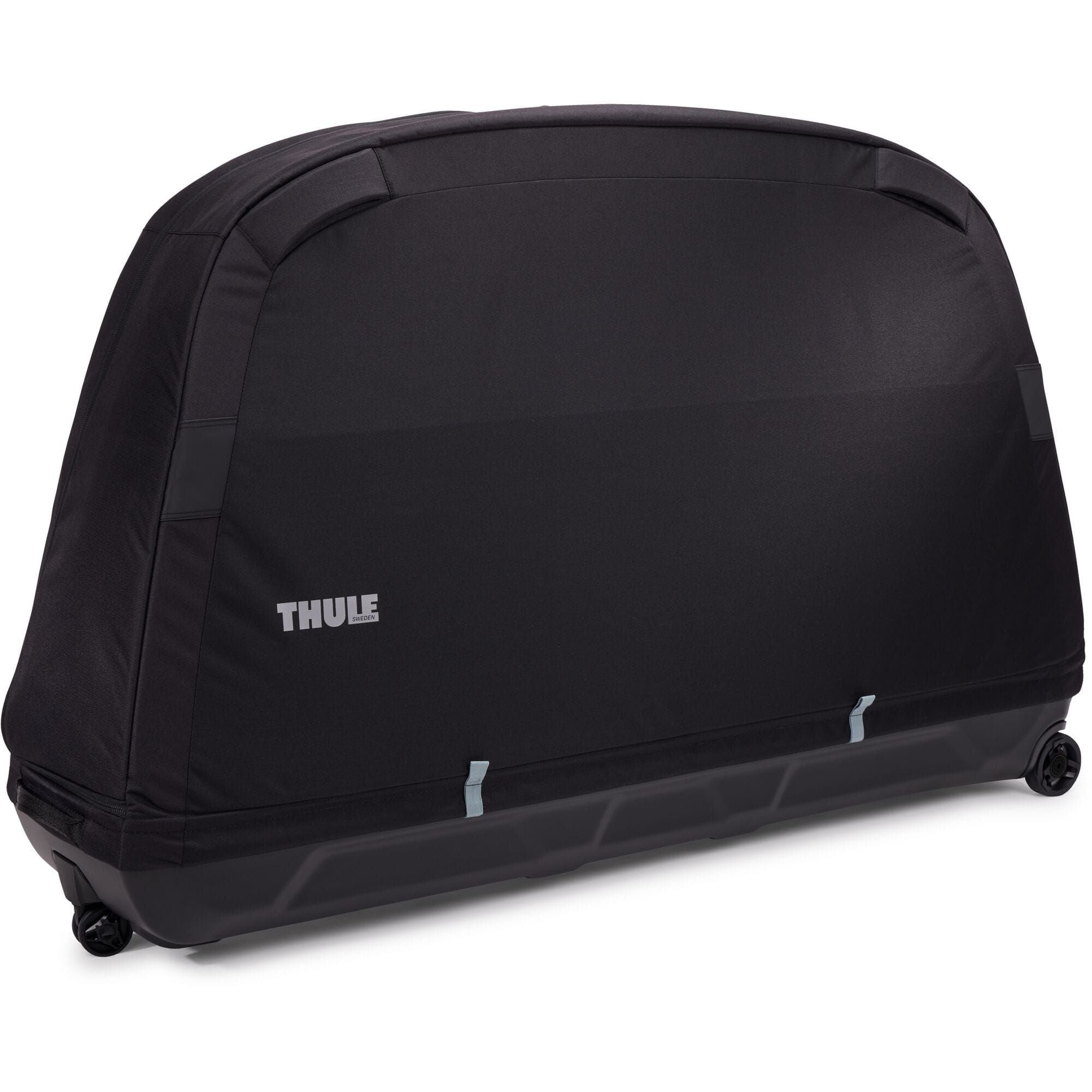 Thule RoundTrip MTB Bike Case with integrated work stand holding a mountain bike, designed for easy transport and bike maintenance.