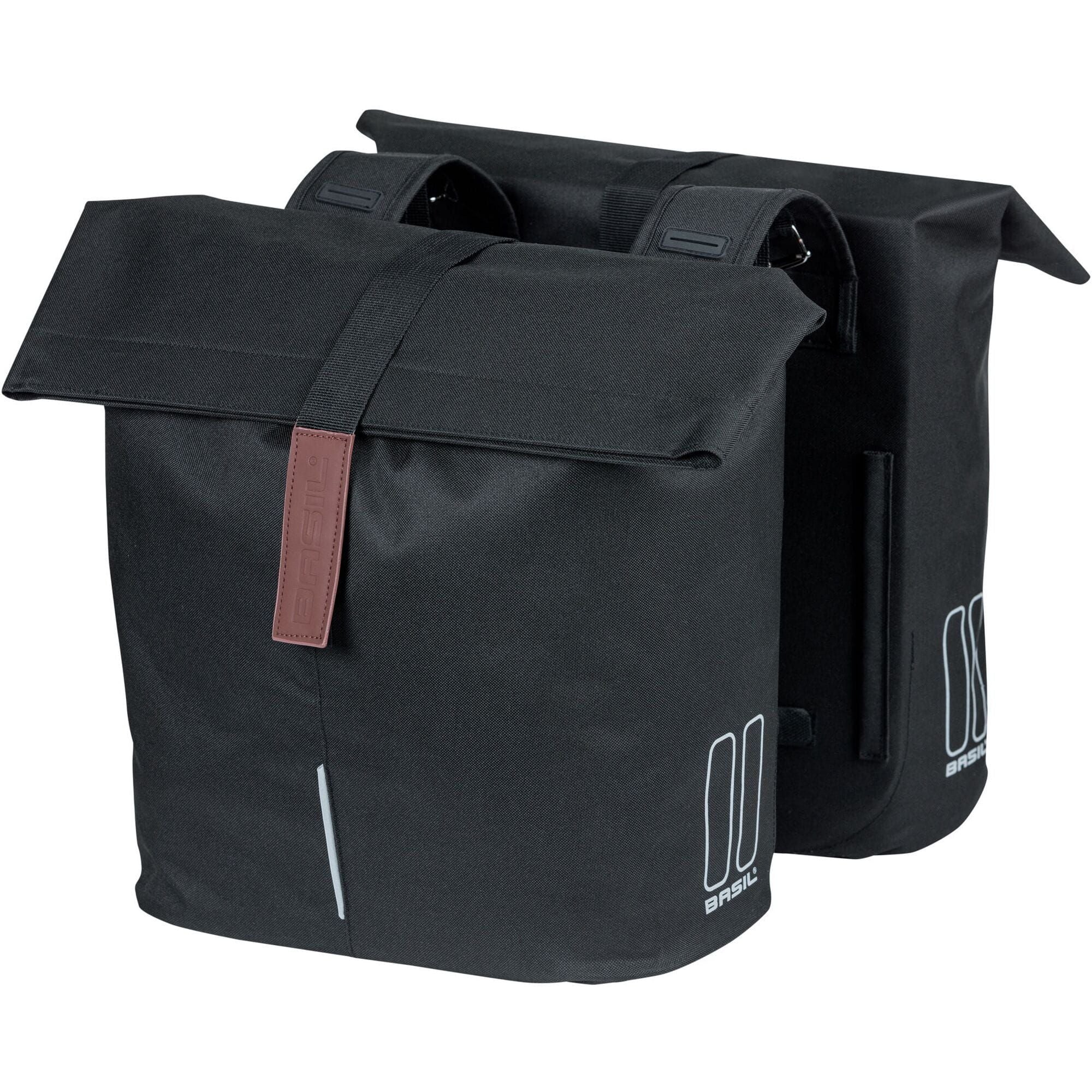 Black Basil City Double Bicycle Bag with water-repellent fabric, reflective panels, designed for 28-32L bike pannier accessories.