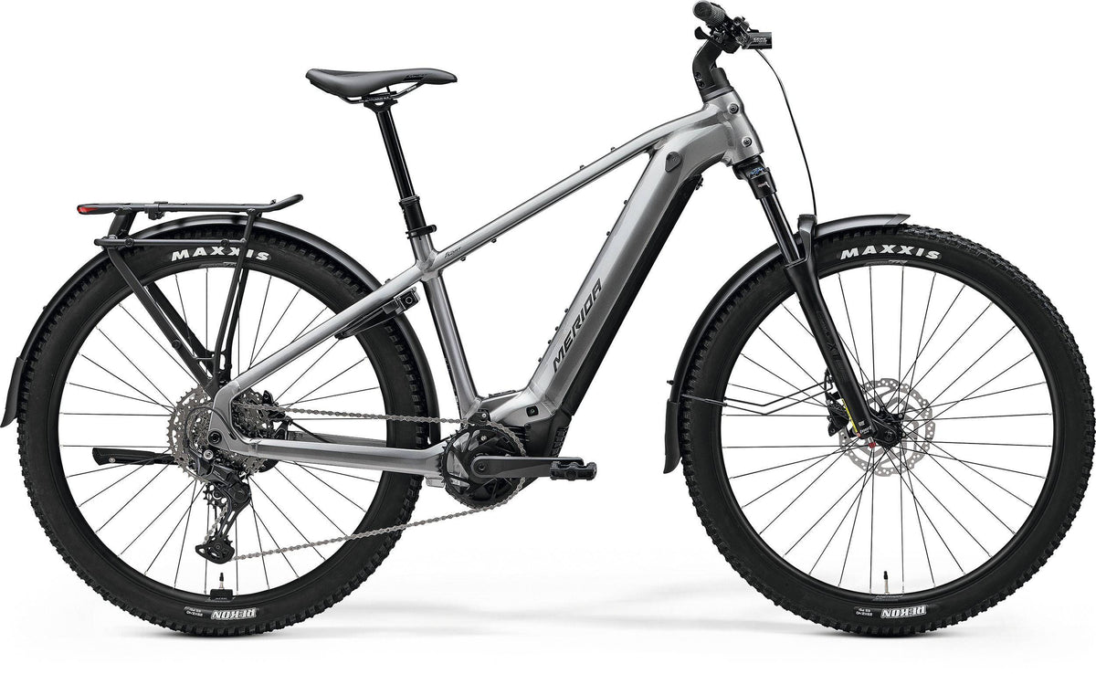 Merida eFloat CC 500 EQ MY26 electric hybrid bike with Bosch CX motor, 800Wh battery, suspension, MTB tires, and accessories.