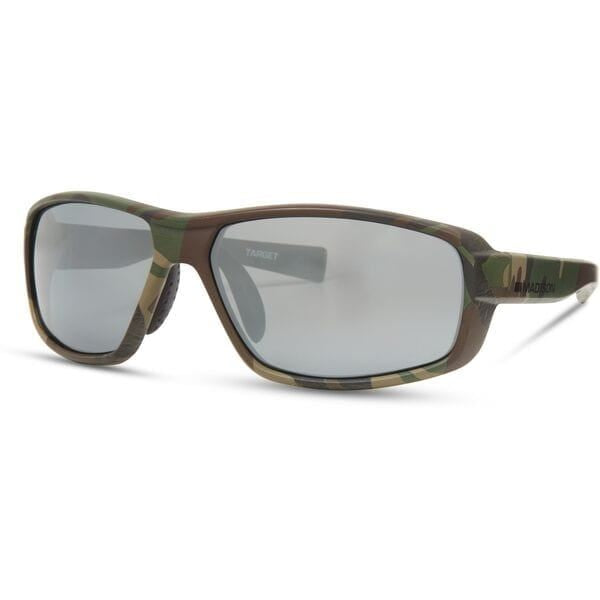 Madison Eyewear Target Camo Polarized Sunglasses with three lenses in silver mirror, bronze, and yellow, featuring a stylish camouflage design.