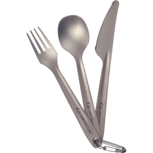 Lifeventure Superlight Titanium Cutlery Set showing a compact, lightweight outdoor travel cutlery set with fork, knife, and spoon.